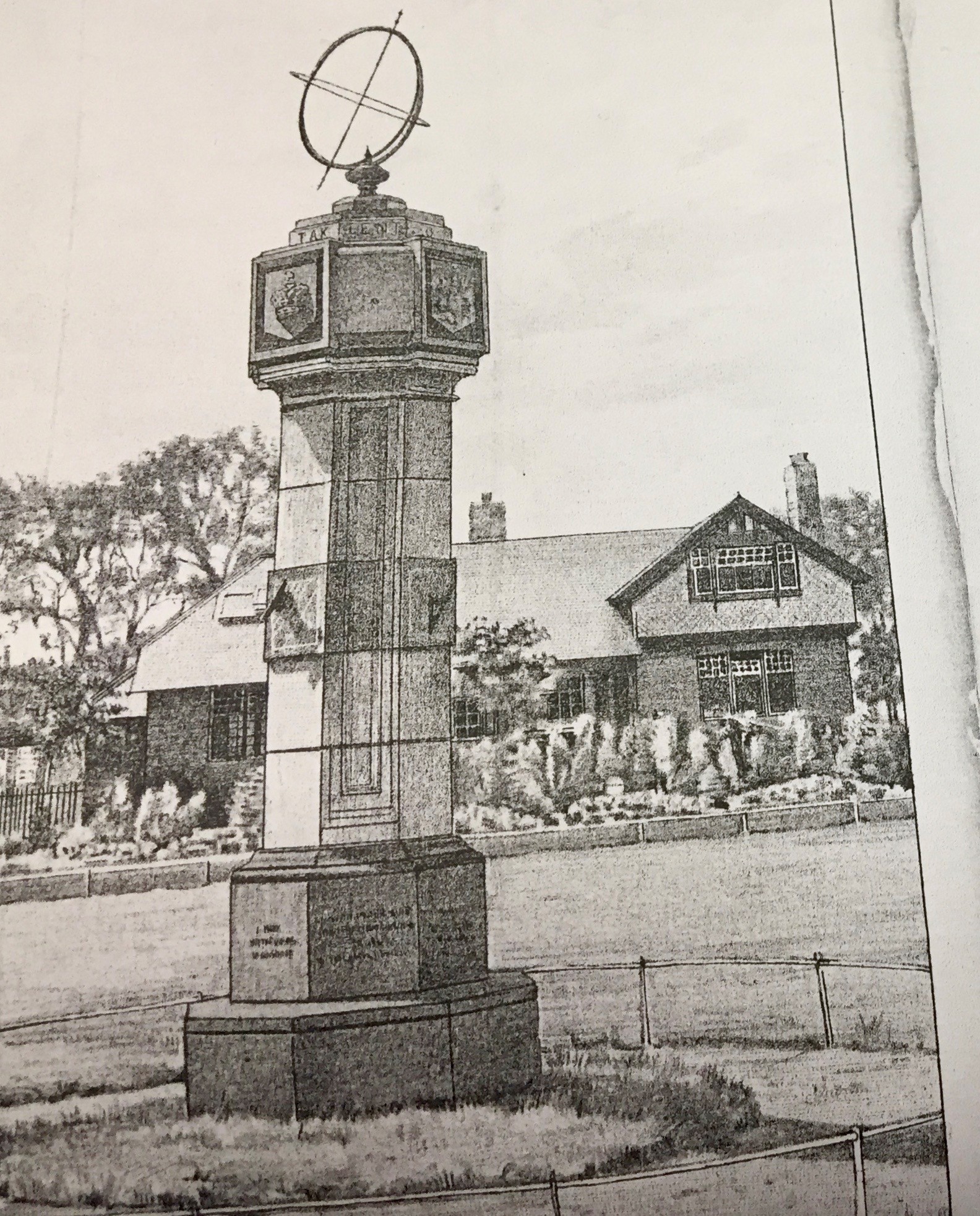 sundial drawing by James Gowans with exhibition manager's house behind (demolished)